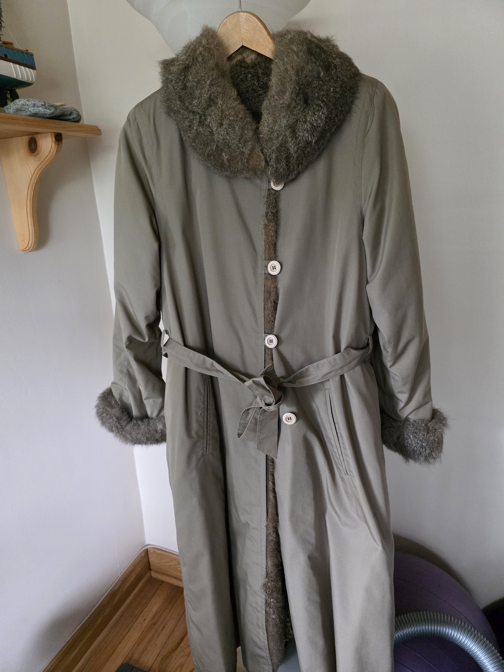 Women's Olive Green Long Coat with Faux Fur Trim